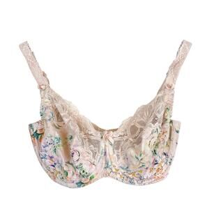 Primadonna Full Cup Sheer Lace Trim Floral Print Bra Underwire Pink - 32F 32DDD